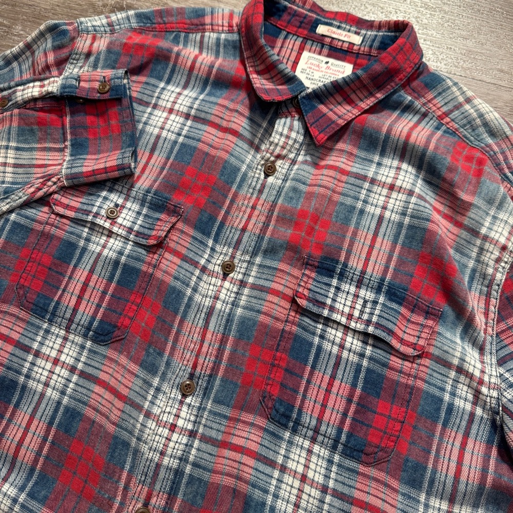 Lucky Brand Shirt Mens L Red Blue 100% Cotton Plaid‎ Flannel Classic Fit Indigo